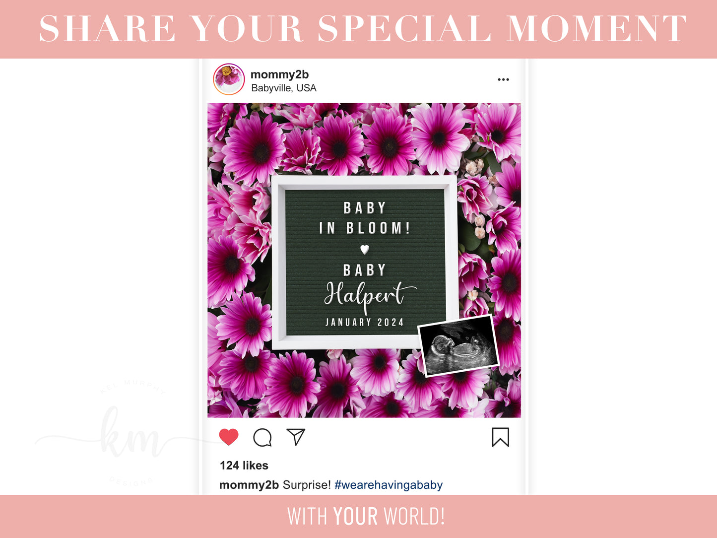 Pink Daisy Flowers Digital Pregnancy Announcement