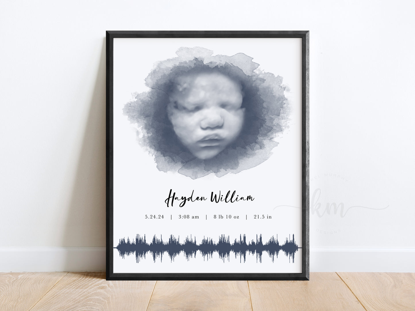 Oval Watercolor 3D Ultrasound Art with Baby Heartbeat