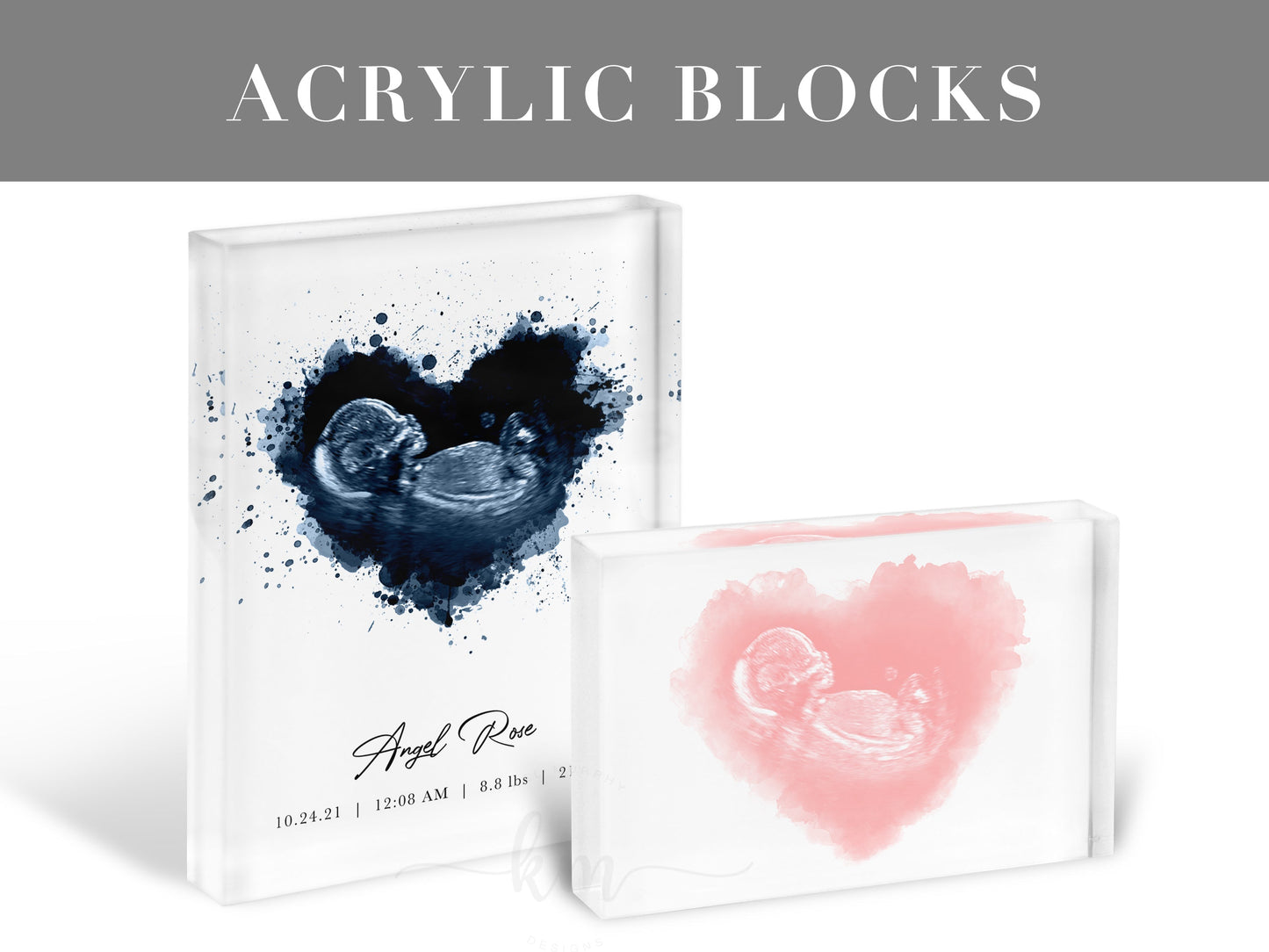 Splatter Heart Watercolor Ultrasound Art with Heartbeat and Footprints or Handprints
