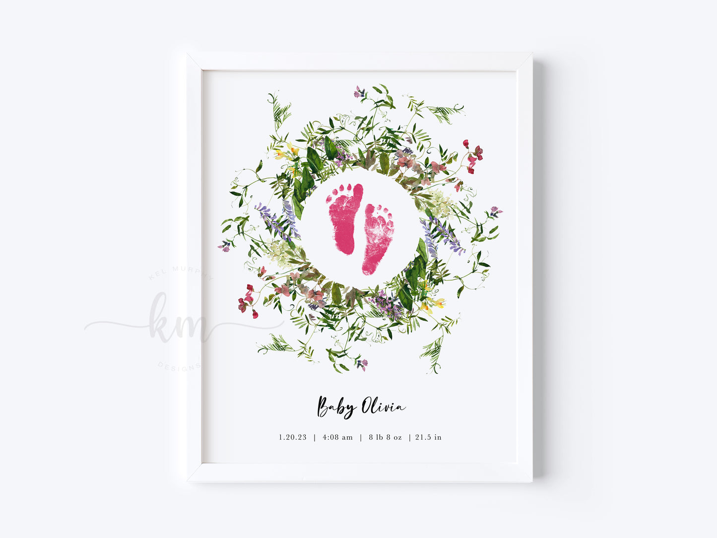Baby Footprint Art with Watercolor Wildflower Wreath