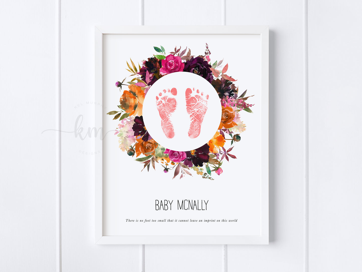 Baby Footprint Art with Watercolor Fall Flower Wreath