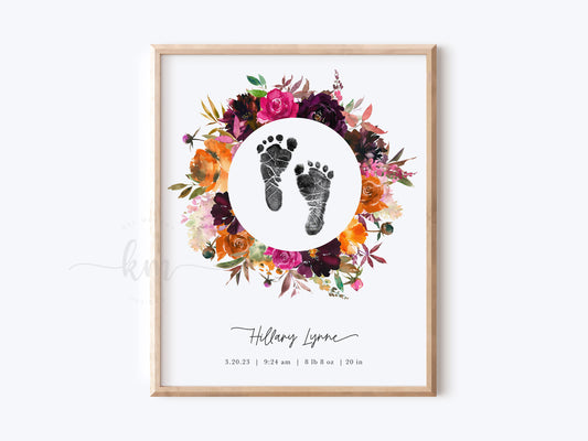 Baby Footprint Art with Watercolor Fall Flower Wreath