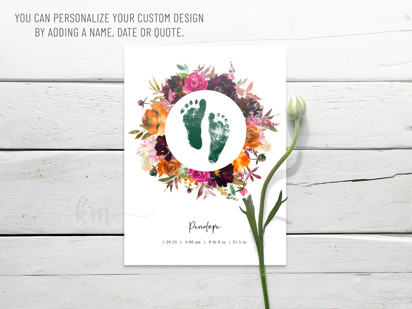 Baby Footprint Art with Watercolor Fall Flower Wreath
