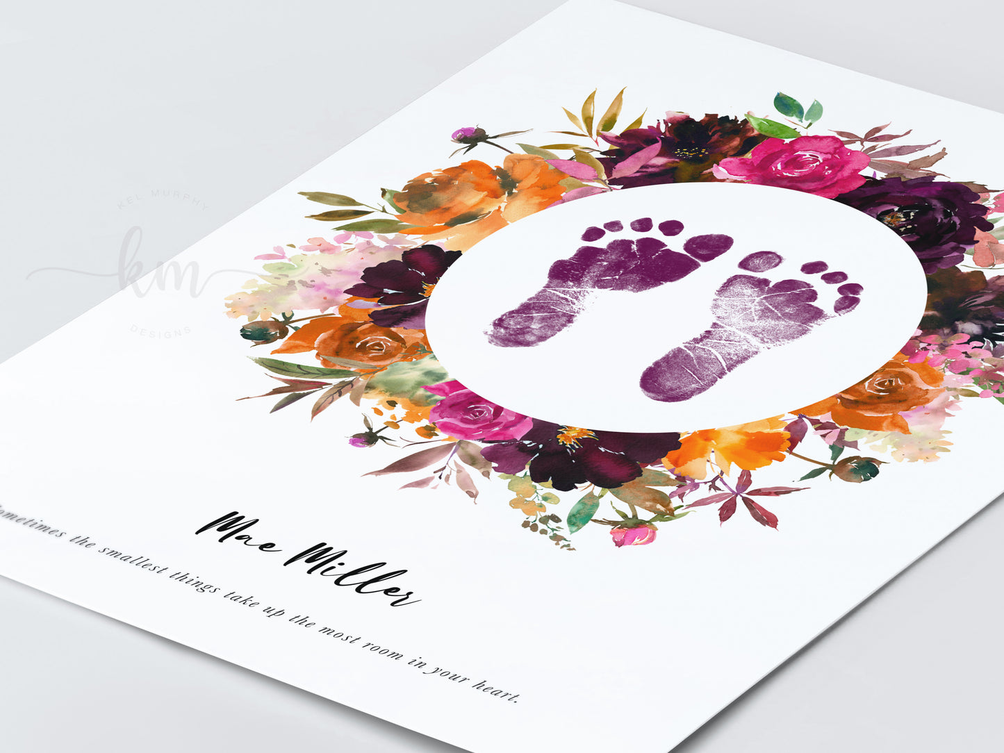 Baby Footprint Art with Watercolor Fall Flower Wreath