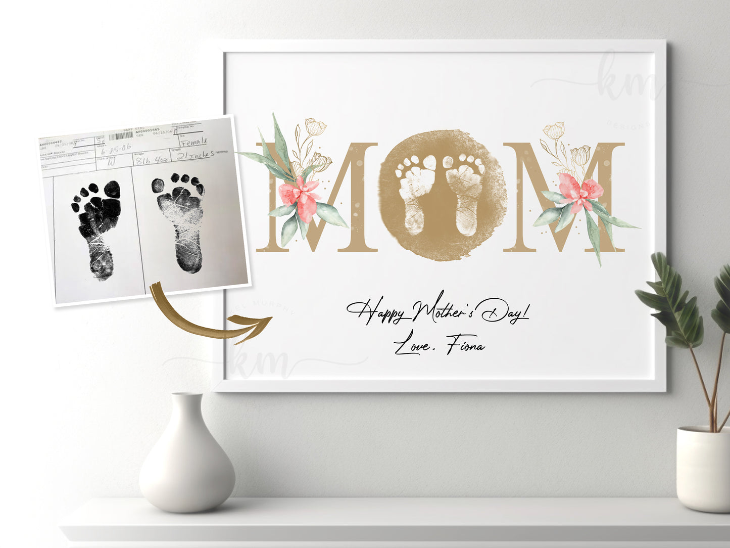 Baby Footprint Art with Watercolor Mom