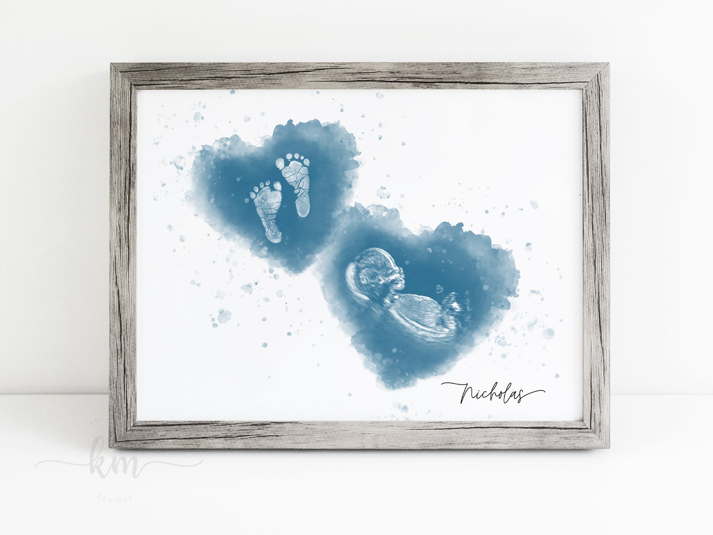 Baby Footprint Art with Watercolored Ultrasound Heart