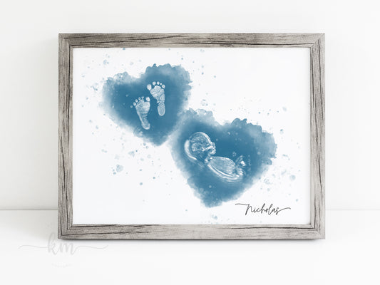 Baby Footprint Art with Watercolored Ultrasound Heart