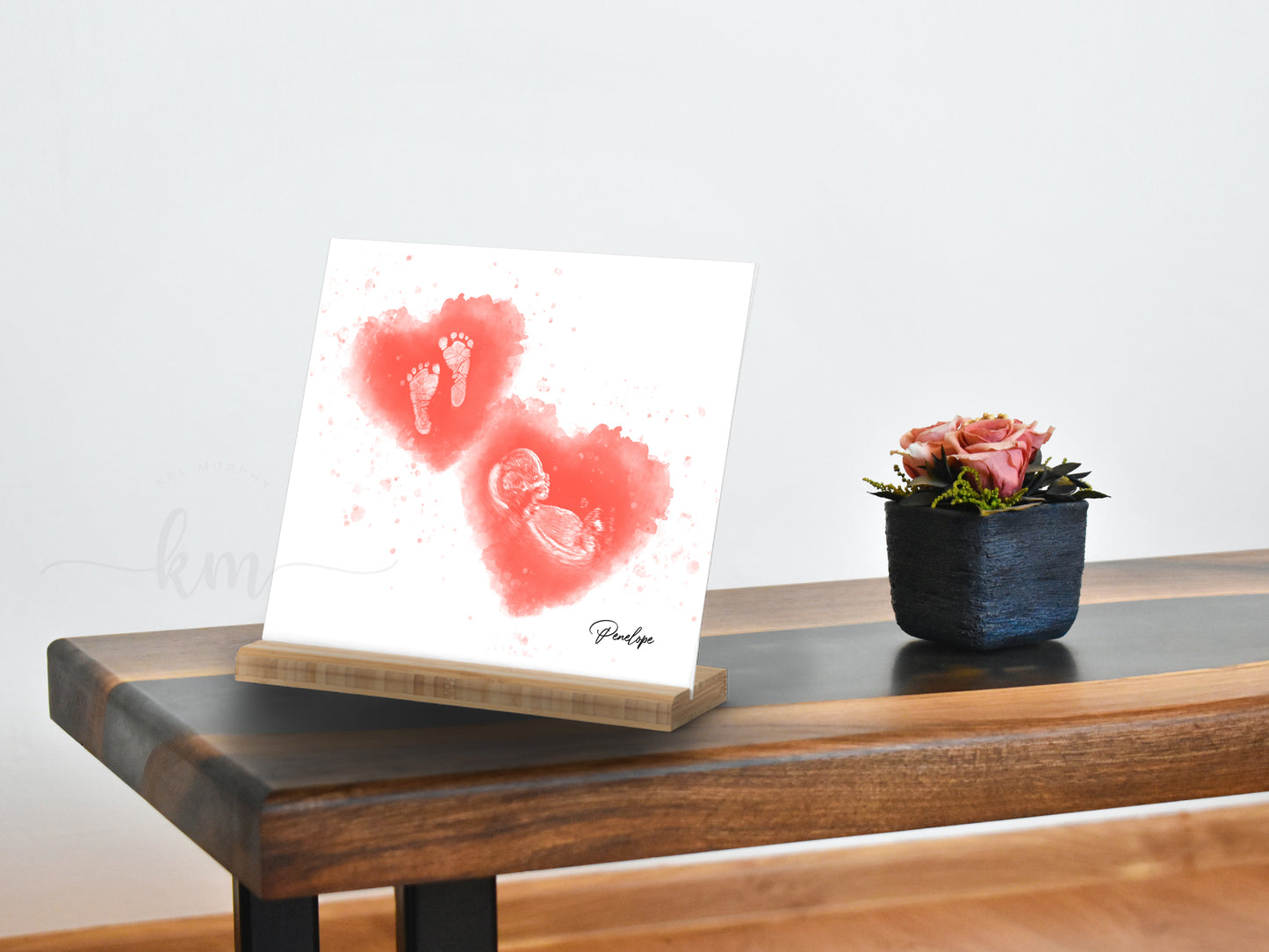 Baby Footprint Art with Watercolored Ultrasound Heart