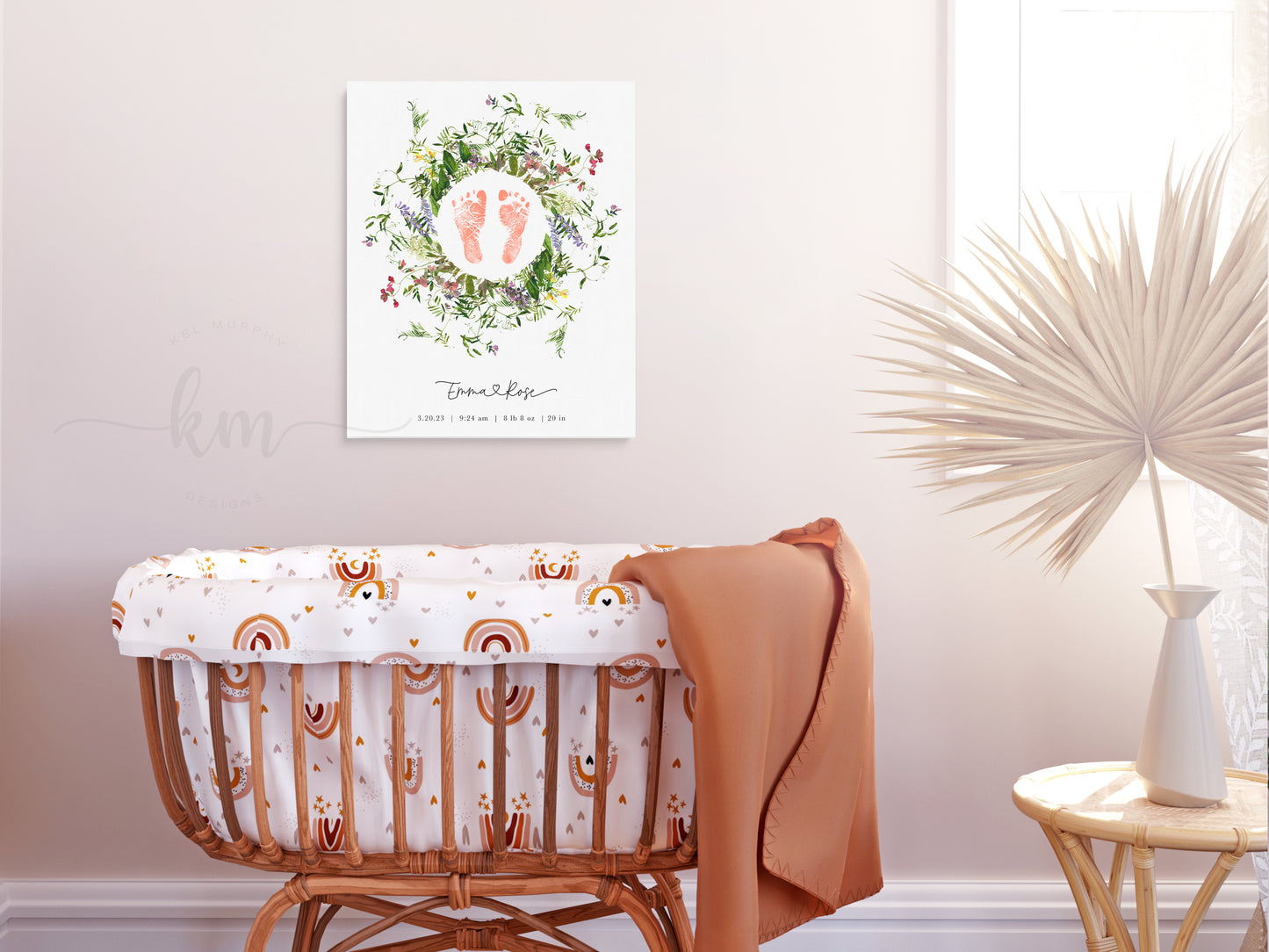 Baby Footprint Art with Watercolor Wildflower Wreath