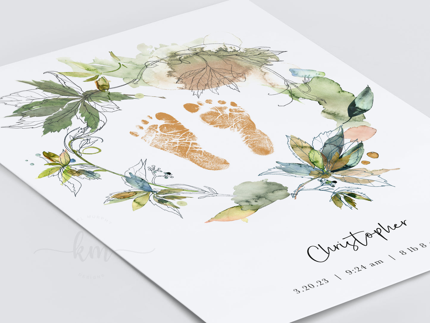 Baby Footprint Art with Boho Watercolor Leaves