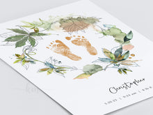 Load image into Gallery viewer, Baby Footprint Art with Boho Watercolor Leaves
