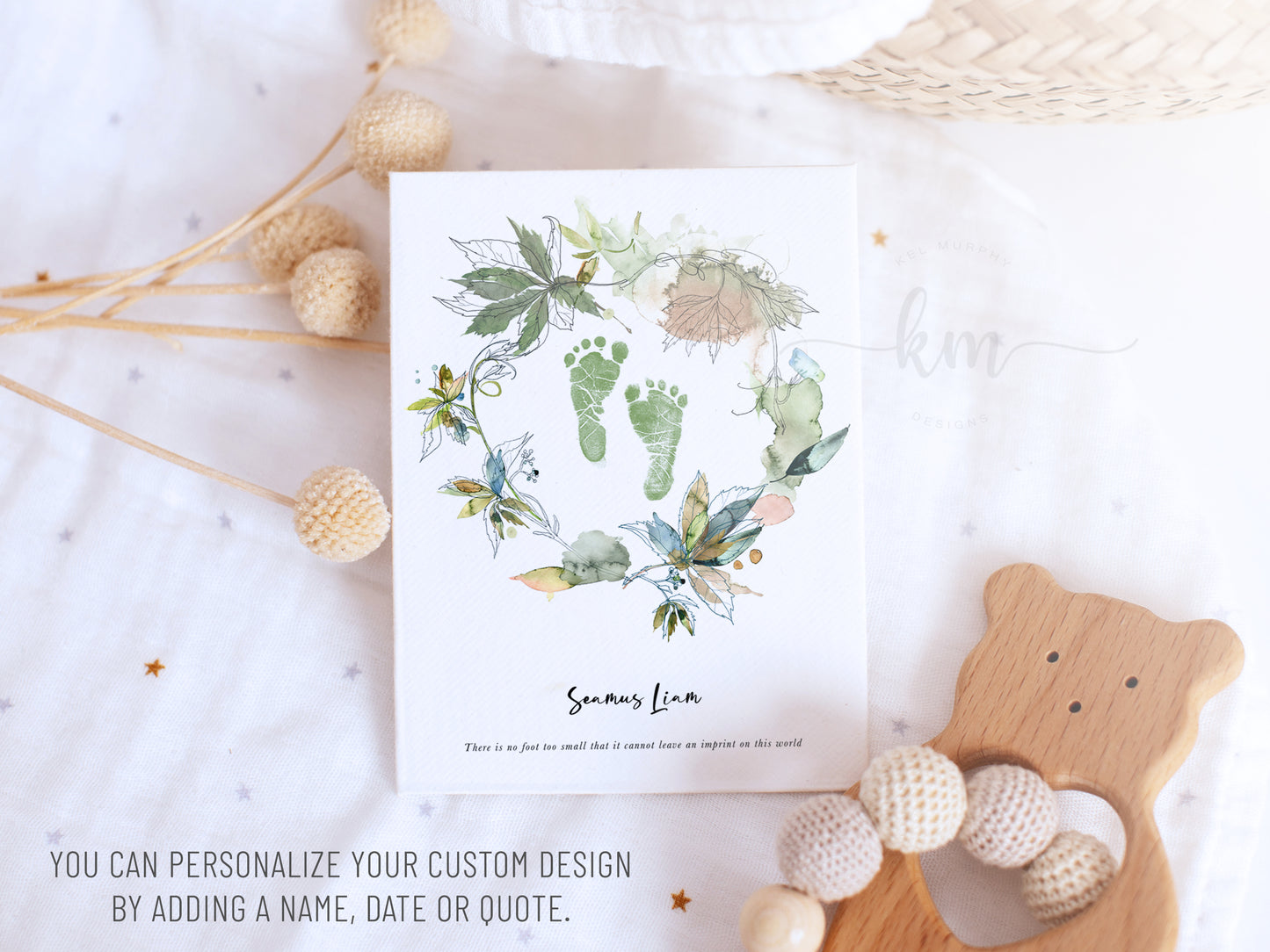 Baby Footprint Art with Boho Watercolor Leaves