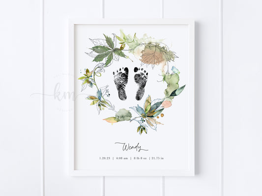 Baby Footprint Art with Boho Watercolor Leaves