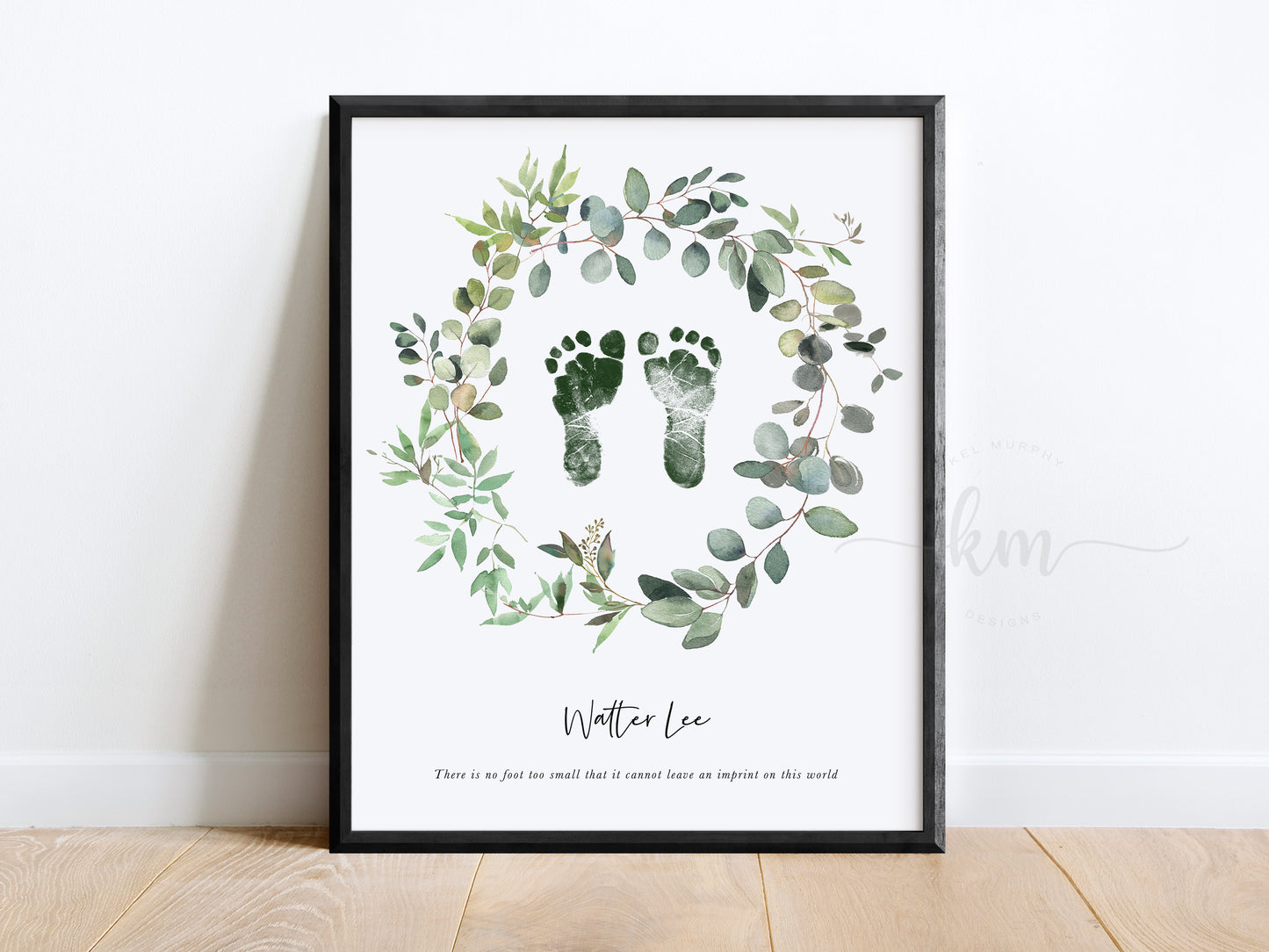 Baby Footprint Art with Watercolor Eucalyptus Wreath
