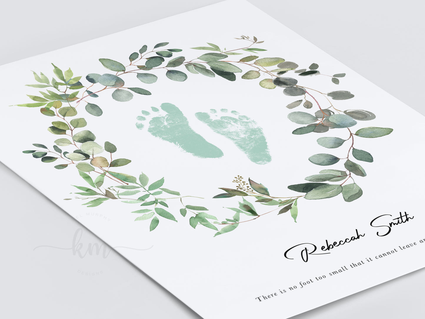 Baby Footprint Art with Watercolor Eucalyptus Wreath