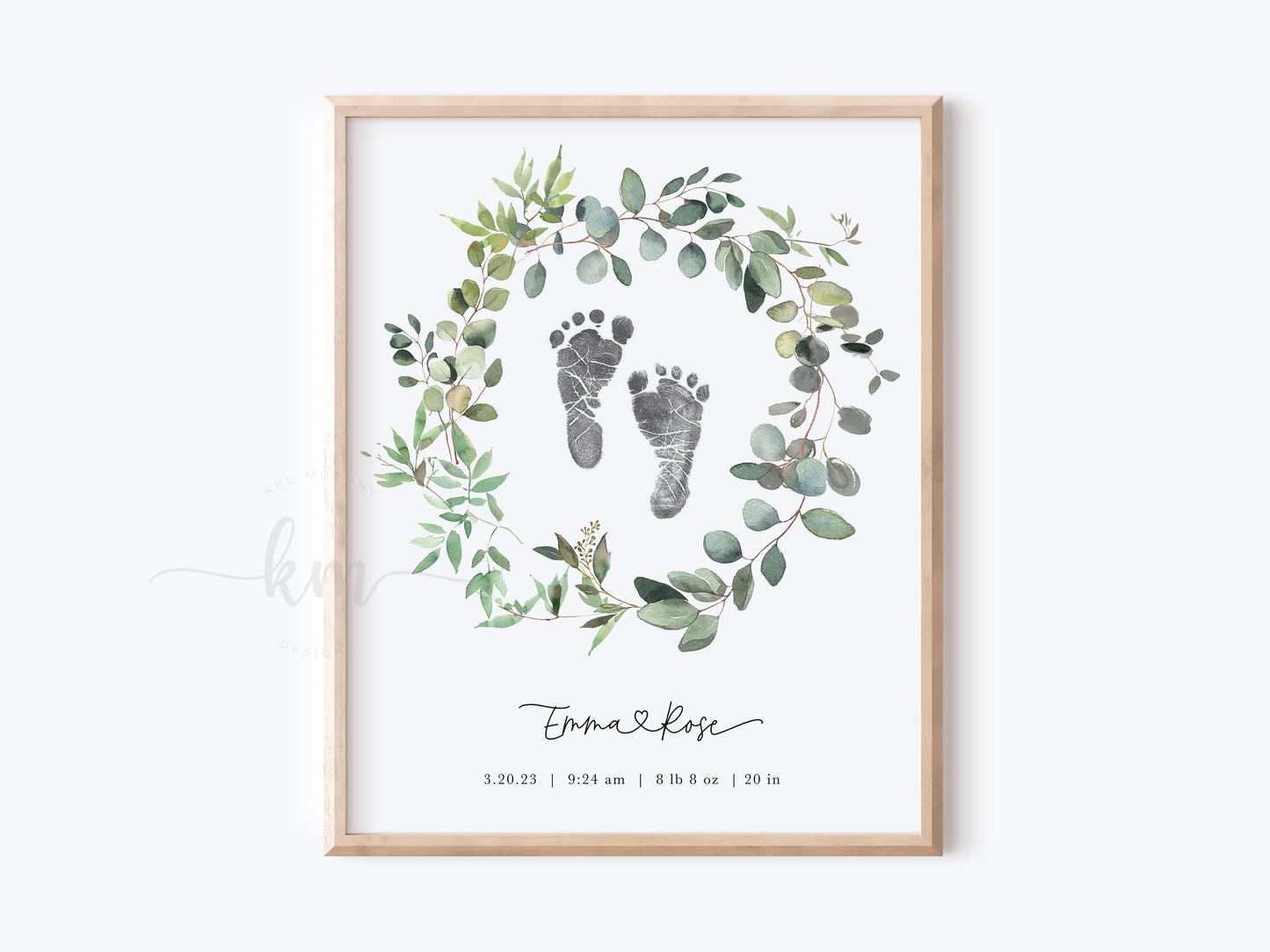 Baby Footprint Art with Watercolor Eucalyptus Wreath