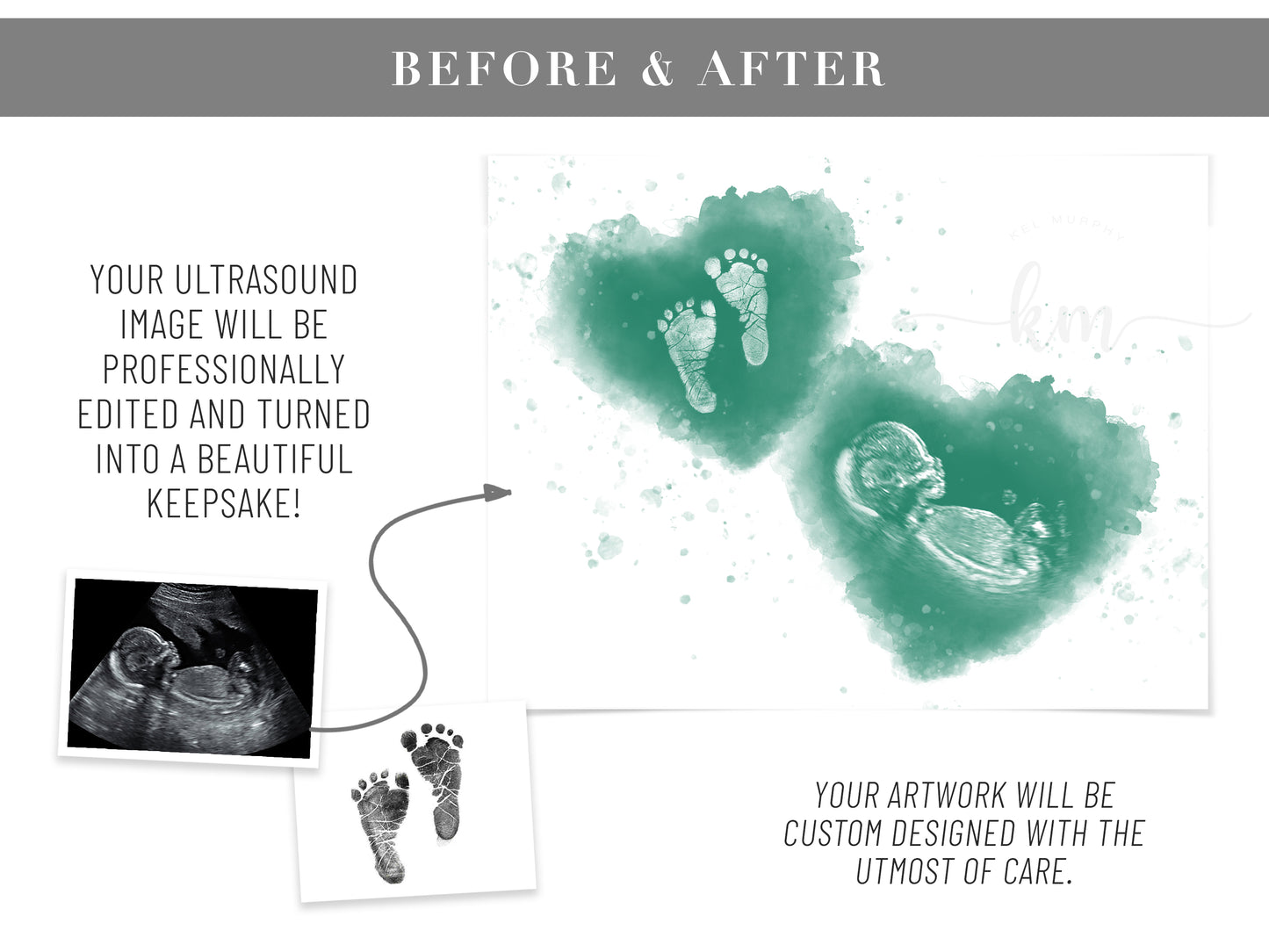 Baby Footprint Art with Watercolored Ultrasound Heart