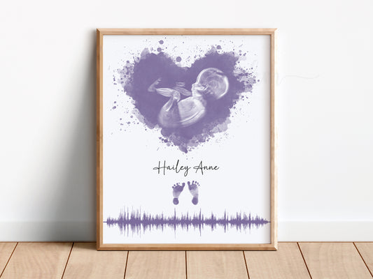Splatter Heart Watercolor Ultrasound Art with Heartbeat and Footprints or Handprints
