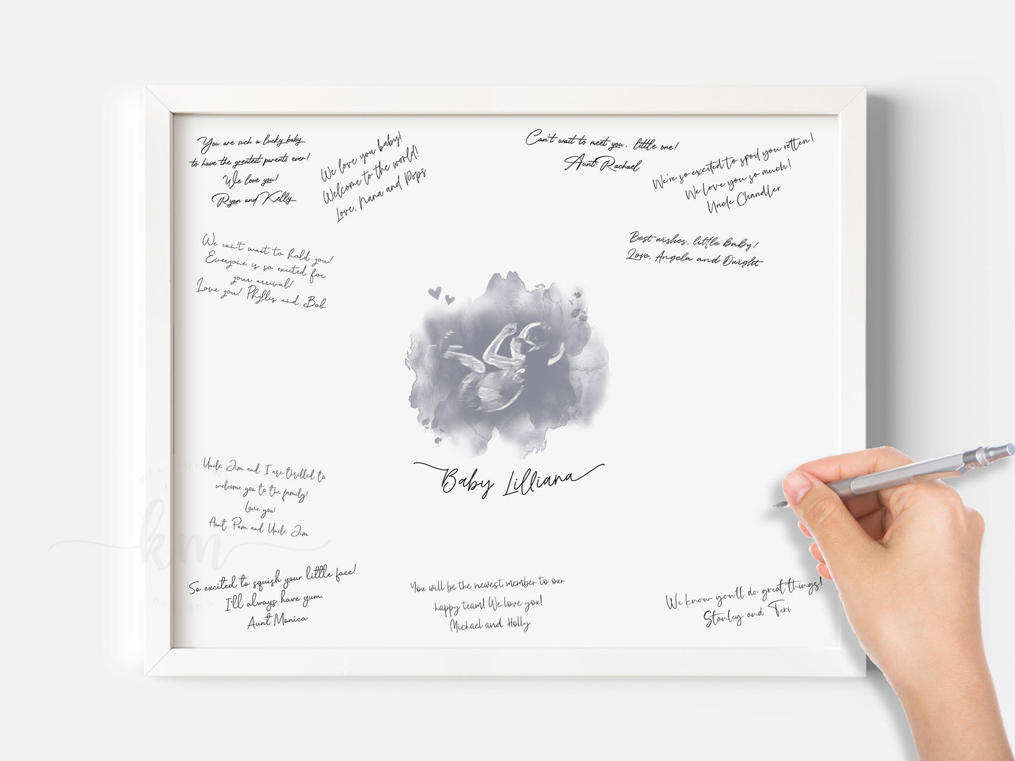 Baby Shower Guestbook Art with Cloud and Hearts Watercolor Ultrasound