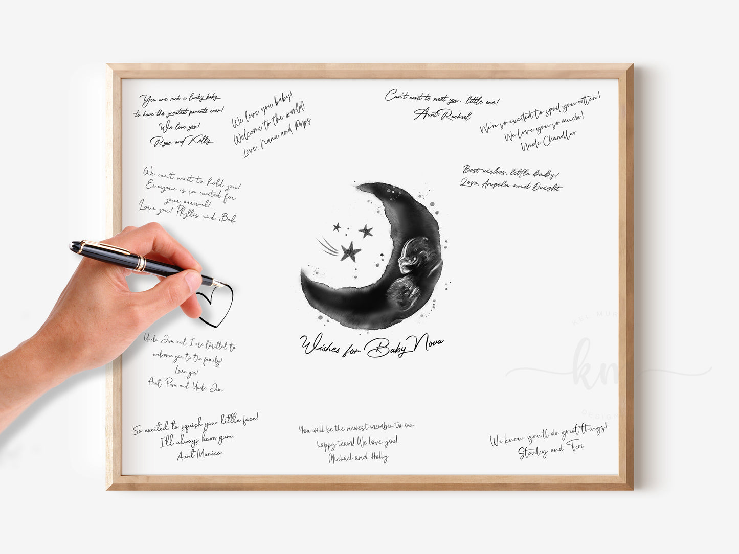 Baby Shower Guestbook Art with Moon Pen & Ink Ultrasound