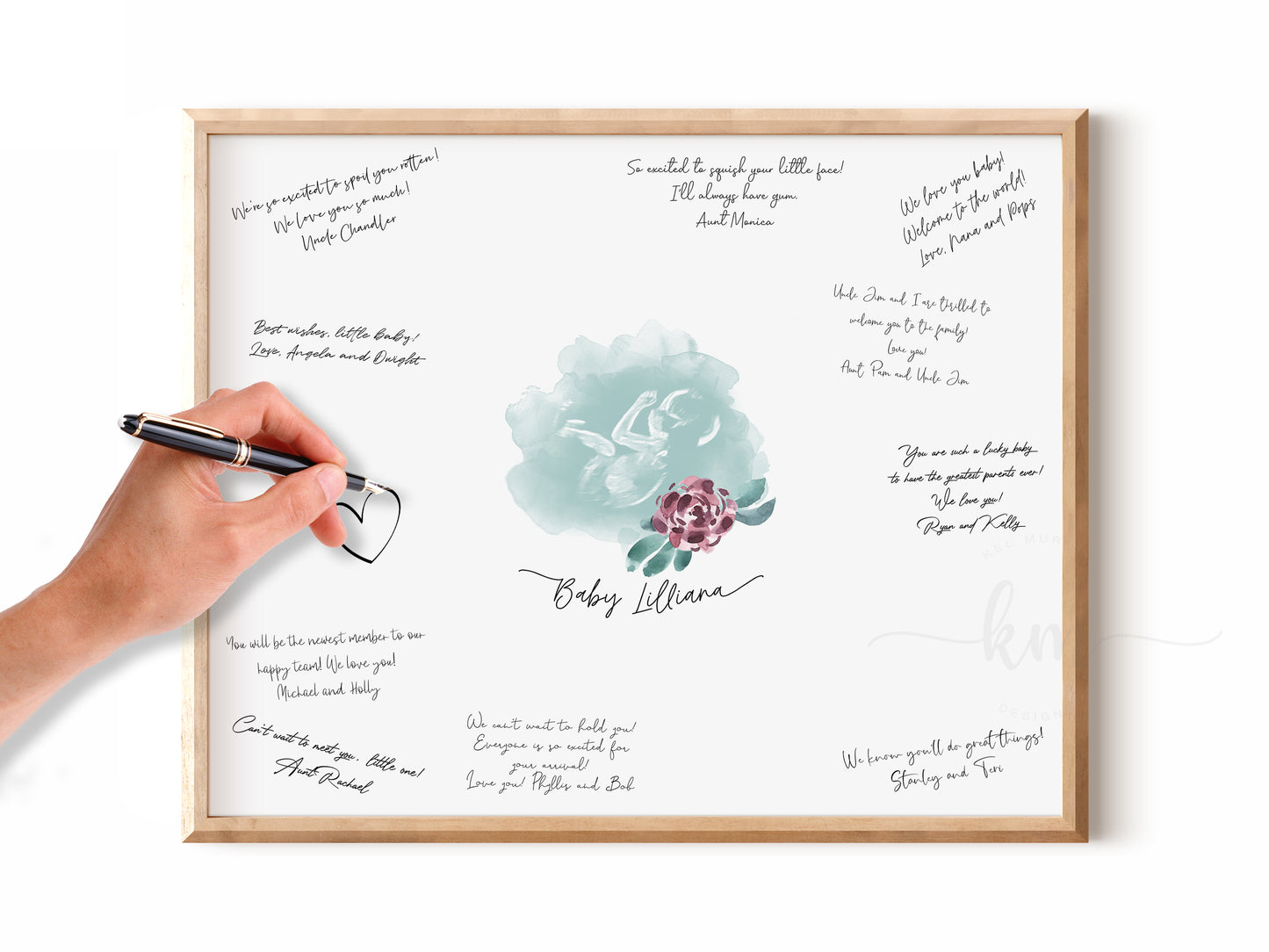 Baby Shower Guestbook Art with Purple Flower Watercolor Ultrasound
