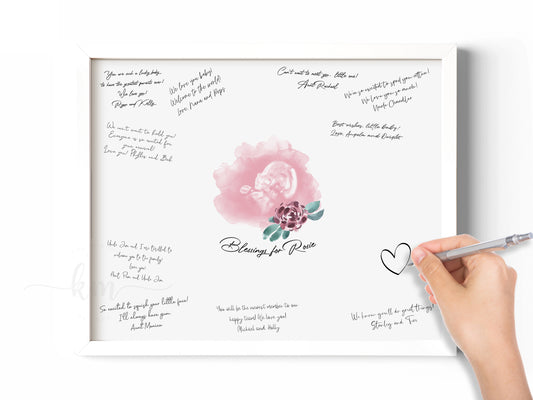 Baby Shower Guestbook Art with Purple Flower Watercolor Ultrasound