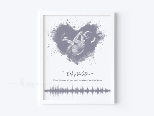 Splatter Heart Watercolor Ultrasound Art with Baby Heartbeat