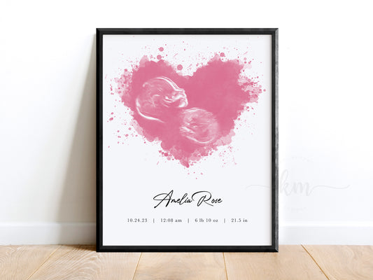 Splatter Heart Watercolor Ultrasound Art (Vertical)