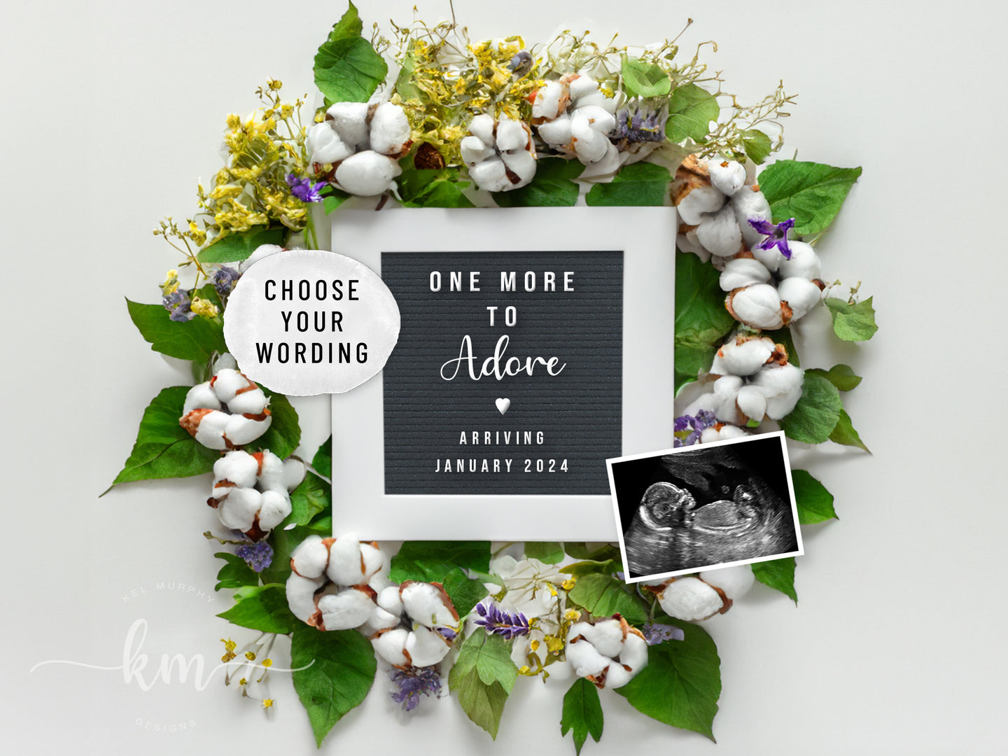 Cotton Wreath with Flowers Digital Pregnancy Announcement