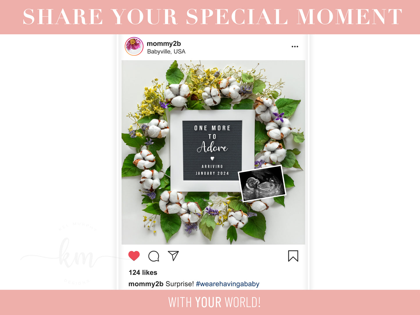 Cotton Wreath with Flowers Digital Pregnancy Announcement