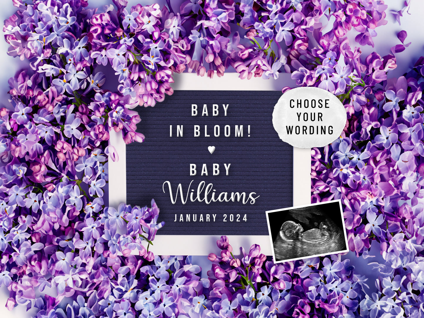 Lilac Flowers Digital Pregnancy Announcement