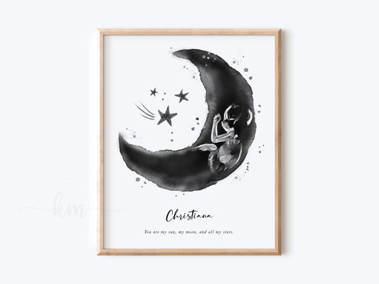 Moon and Stars Pen & Ink Ultrasound Art (Vertical)