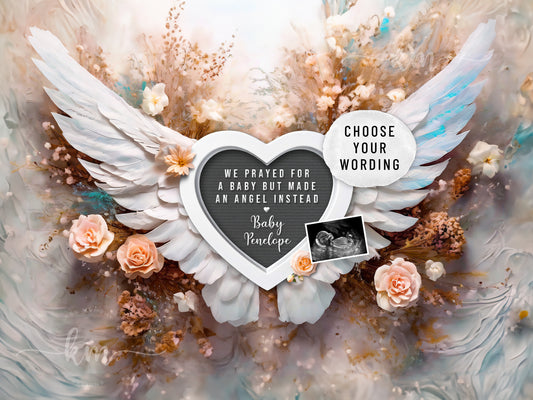 Pregnancy Loss Announcement with Angel Wings, Peach Roses, and a Heart letter board that says "We prayed for a baby but we made an angel instead"