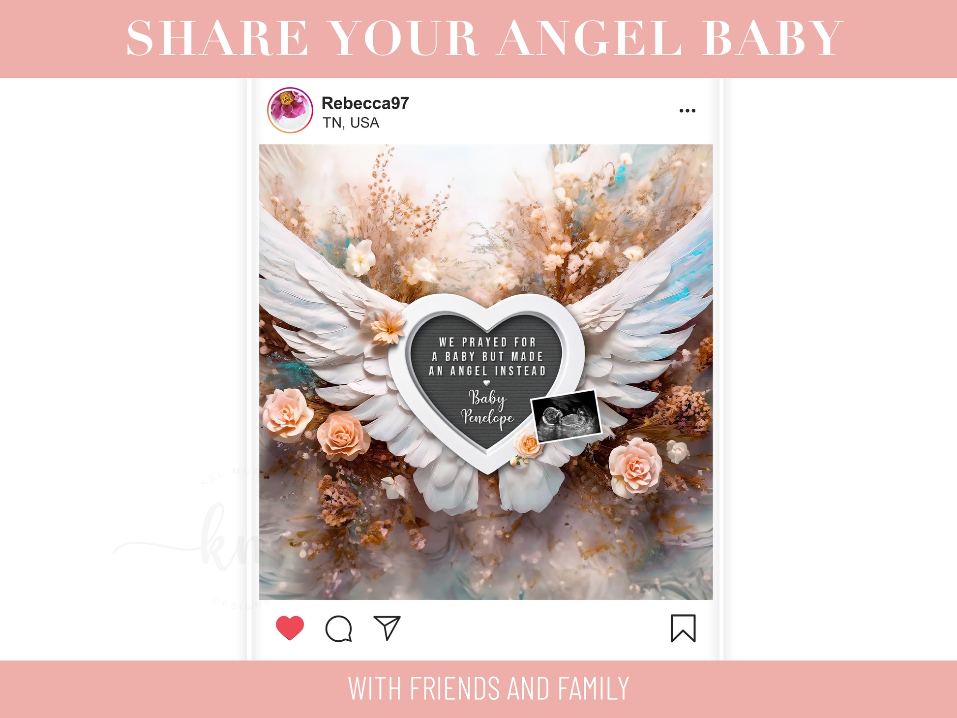 Pregnancy Loss Announcement for social media with Angel Wings, Peach Roses, and a Heart letter board that says "We prayed for a baby but we made an angel instead"