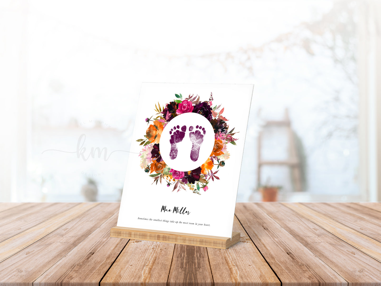 Baby Footprint Art with Watercolor Fall Flower Wreath