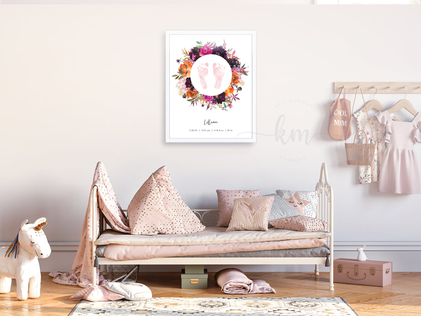 Baby Footprint Art with Watercolor Fall Flower Wreath