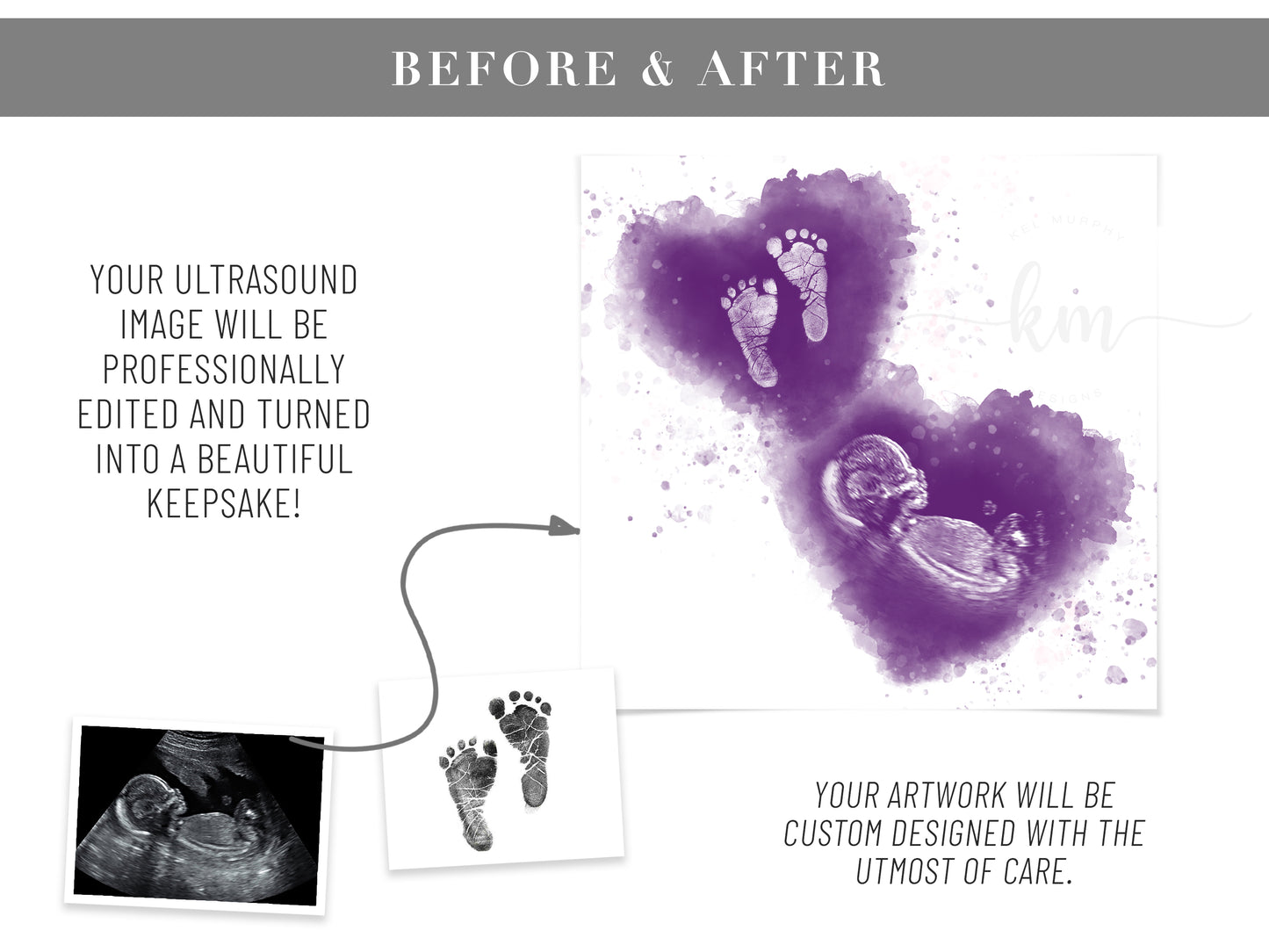 Baby Footprint Art with Watercolor Ultrasound Heart (Vertical)