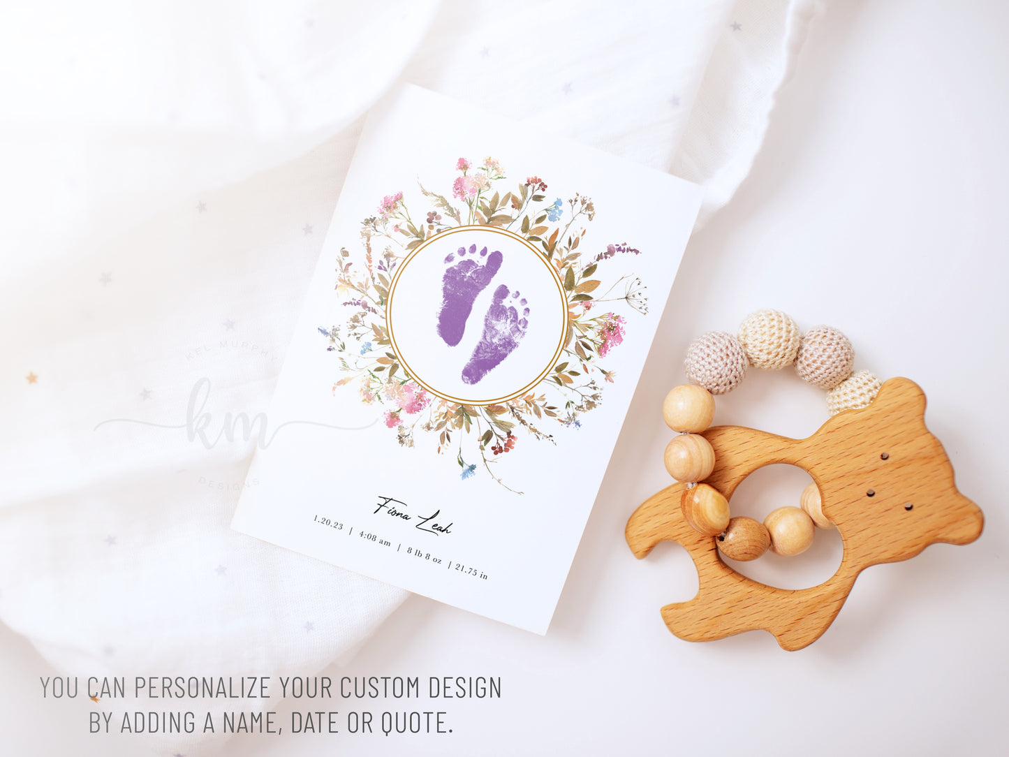 Baby Footprint Art with Boho Watercolor Wildflowers