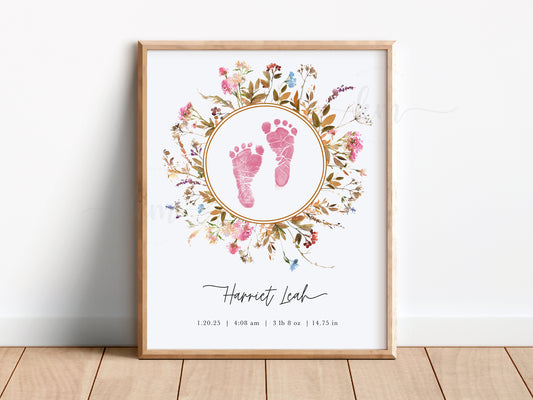 Baby Footprint Art with Boho Watercolor Wildflowers