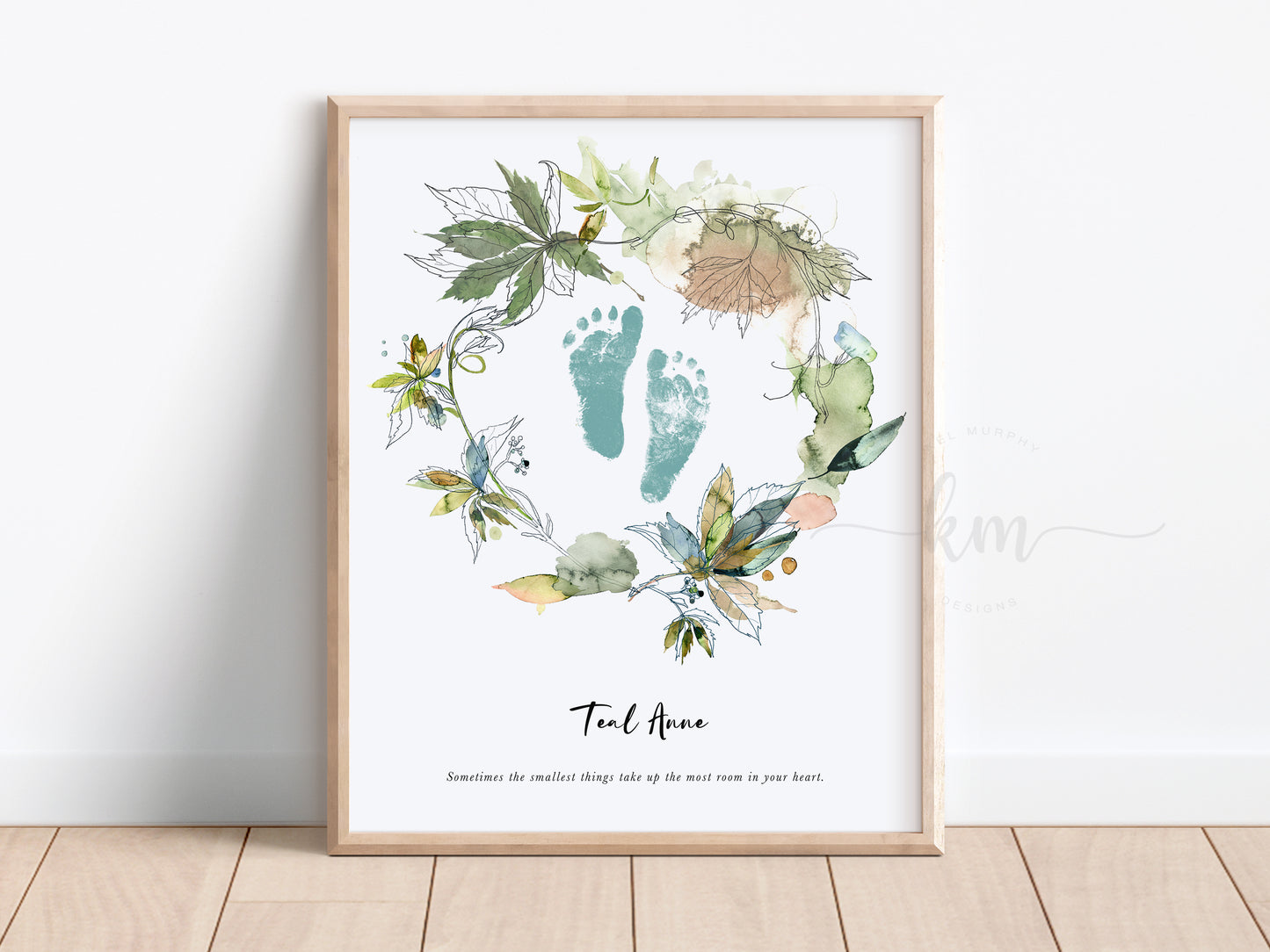 Baby Footprint Art with Boho Watercolor Leaves