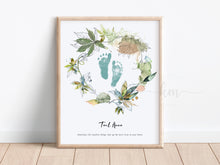 Load image into Gallery viewer, Baby Footprint Art with Boho Watercolor Leaves

