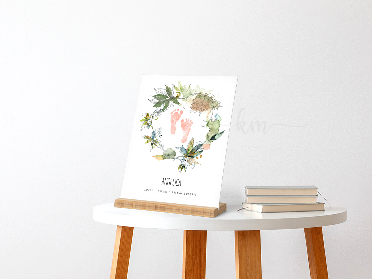 Baby Footprint Art with Boho Watercolor Leaves