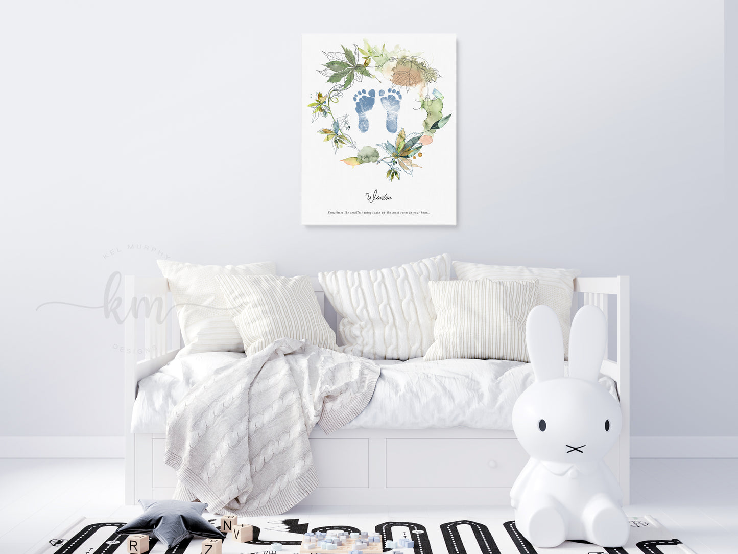 Baby Footprint Art with Boho Watercolor Leaves