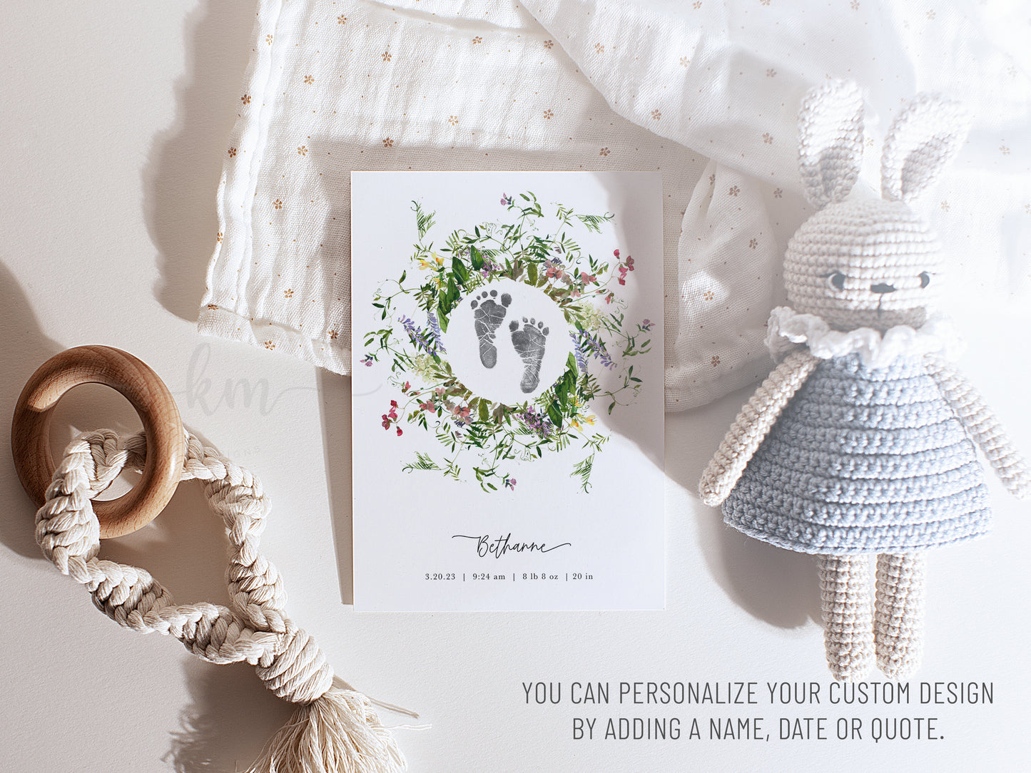 Baby Footprint Art with Watercolor Wildflower Wreath