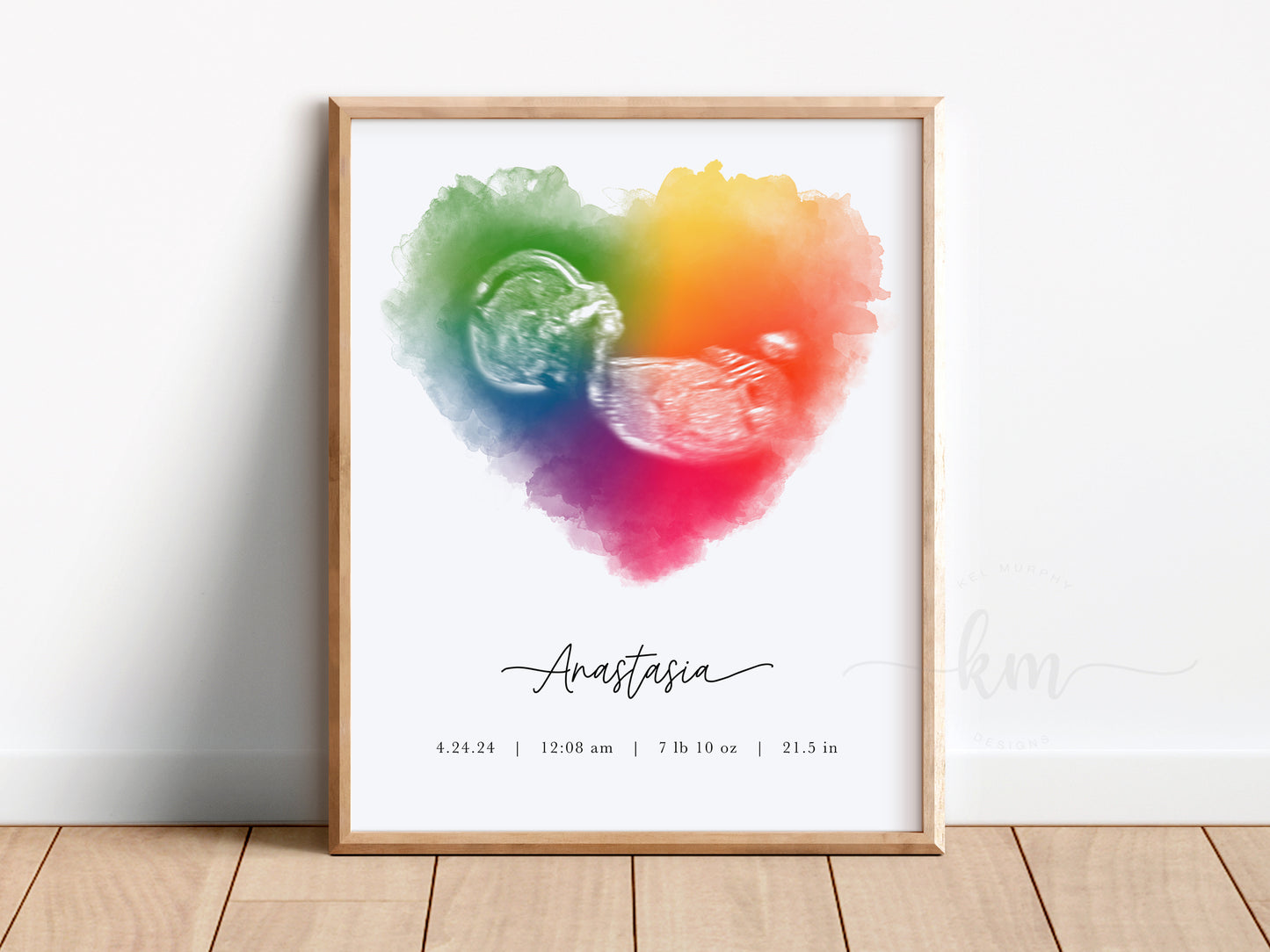 Rainbow Baby Heart Watercolor Ultrasound Art (Vertical)