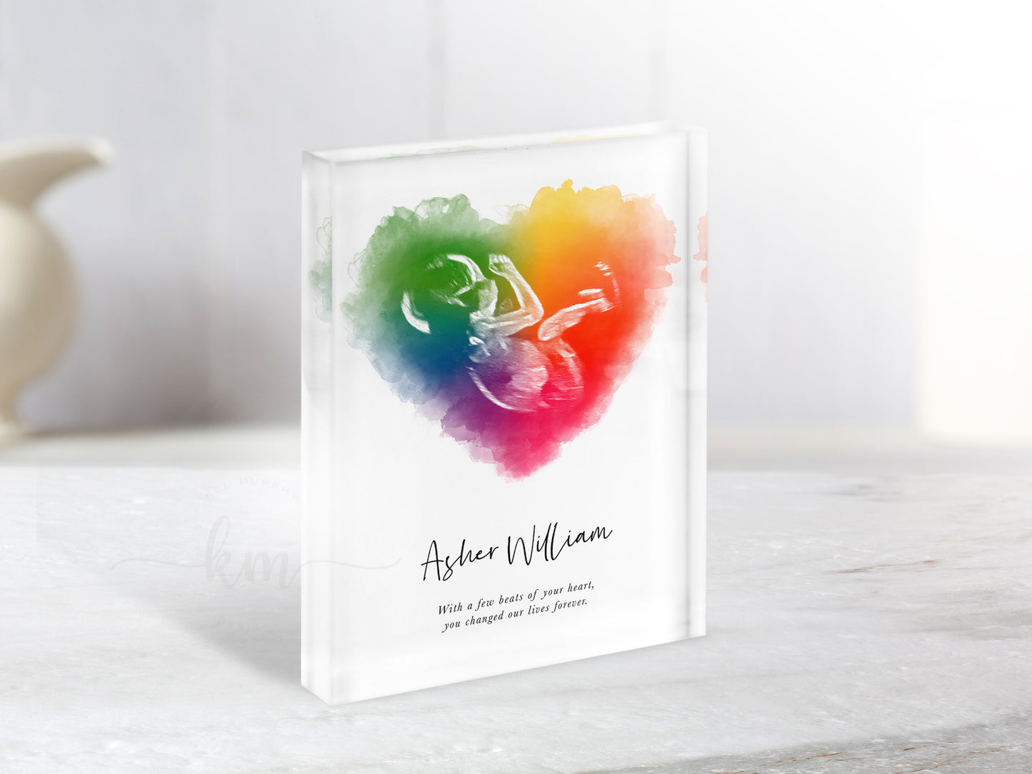 Rainbow Baby Heart Watercolor Ultrasound Art (Vertical)