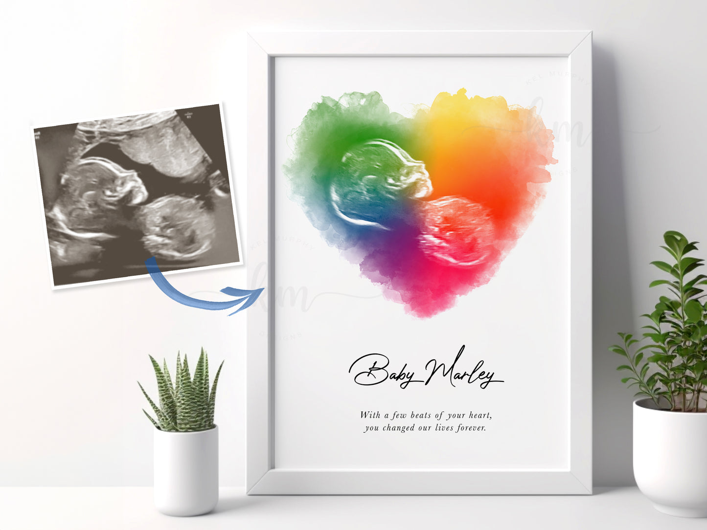 Rainbow Baby Heart Watercolor Ultrasound Art (Vertical)