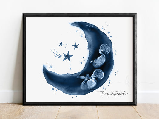 Moon and Stars Twins Pen & Ink Ultrasound Art