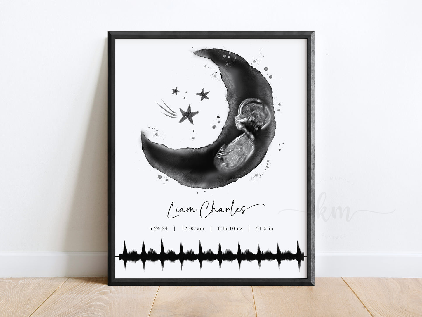 Moon and Stars Ultrasound Art with Baby Heartbeat