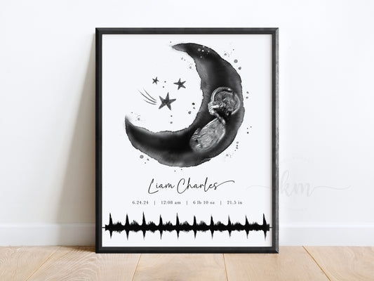 Moon and Stars Ultrasound Art with Baby Heartbeat